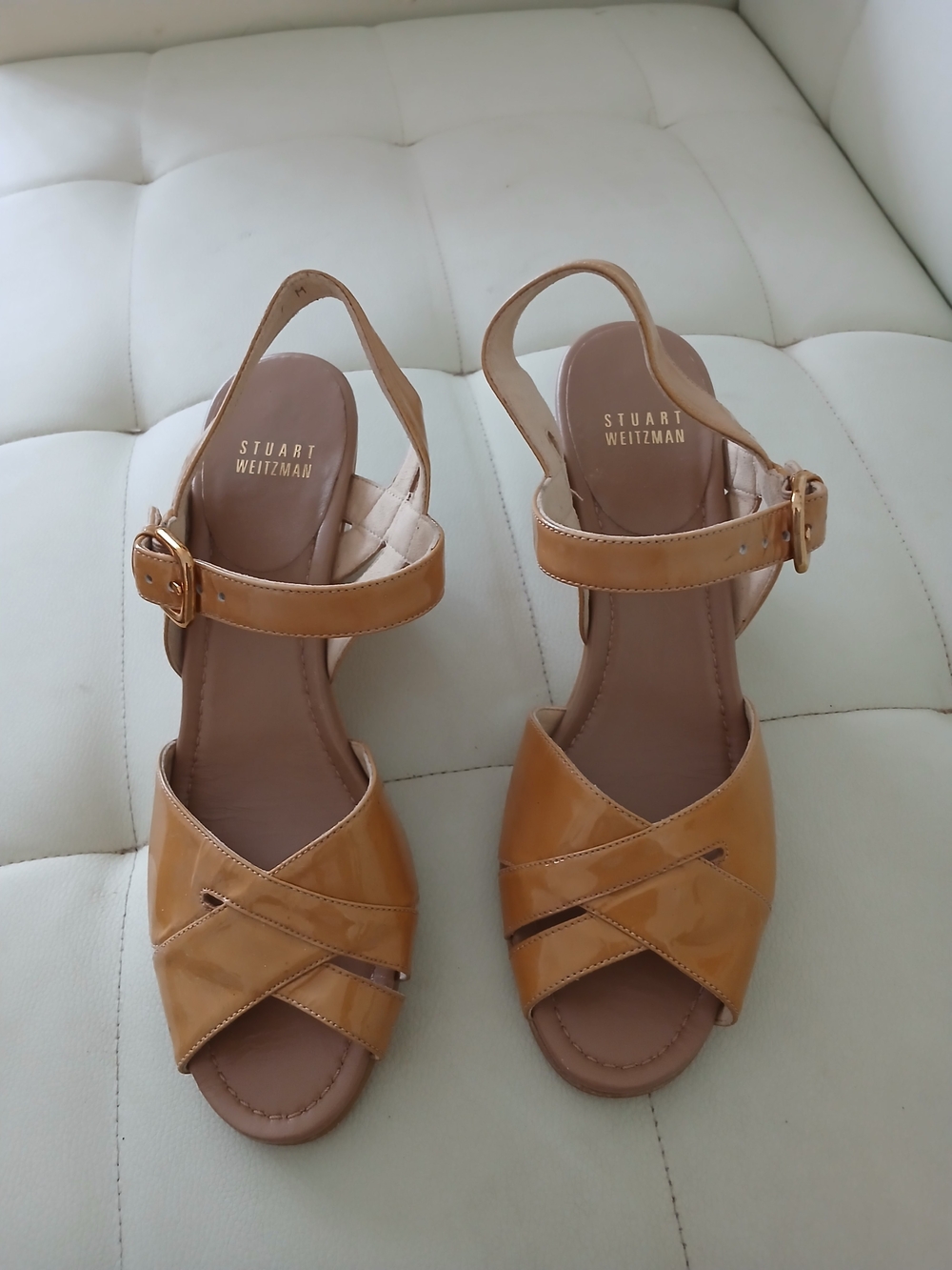 Stuart Weitzman Tan Patent Leather Crisscross Slingback Sandals